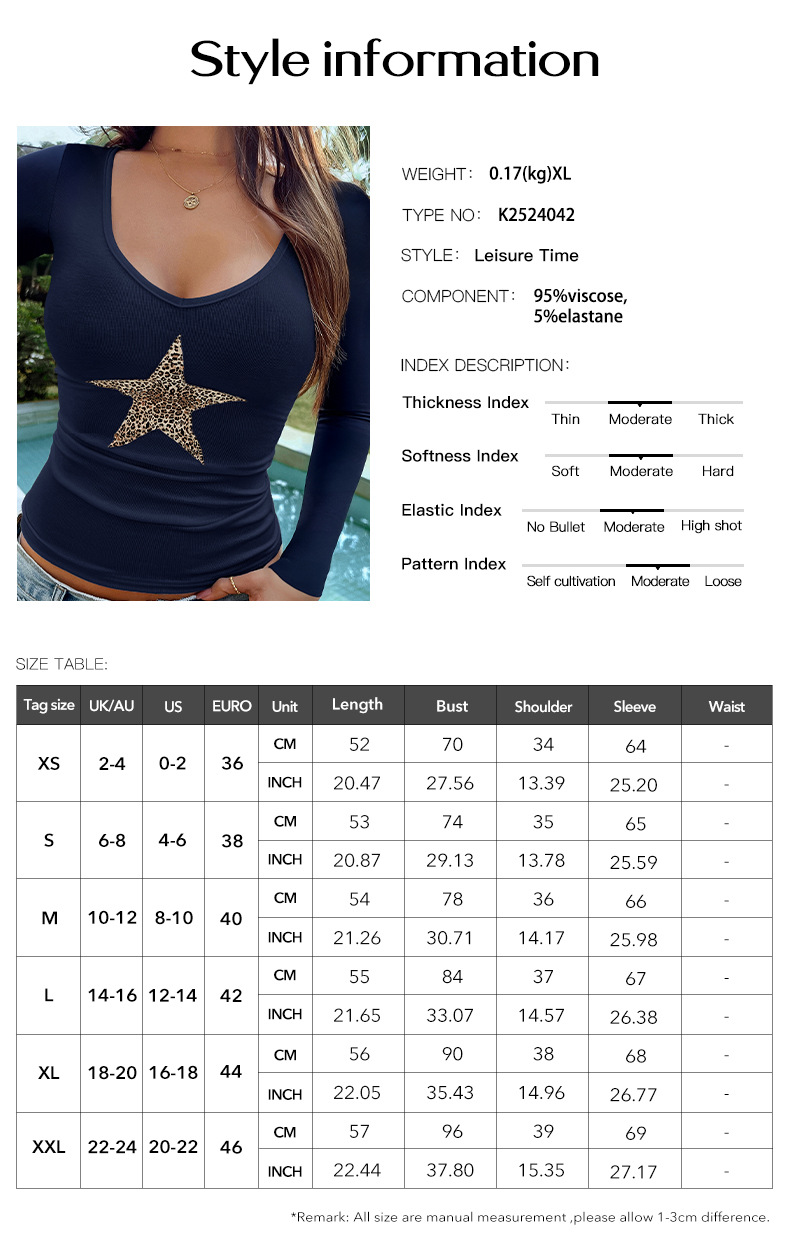 Sexy V-neck Slim Fit Patchwork Star Top Long Sleeve T-shirt
