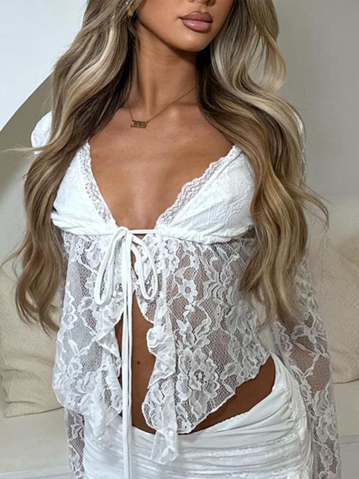 Sexy Cutout See-through Cardigan Self-Tie Lace Long Sleeve Top