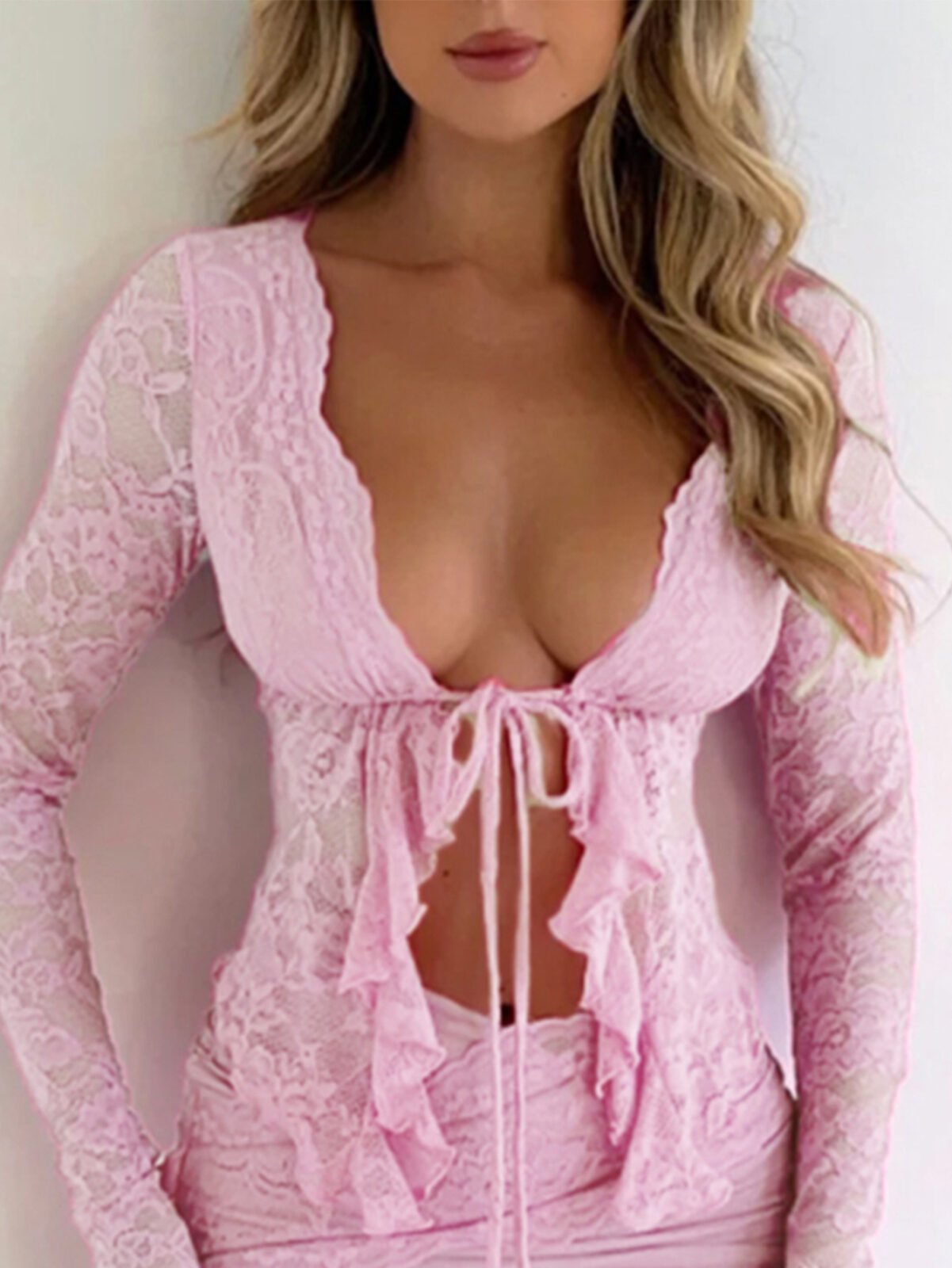 Sexy Cutout See-through Cardigan Self-Tie Lace Long Sleeve Top