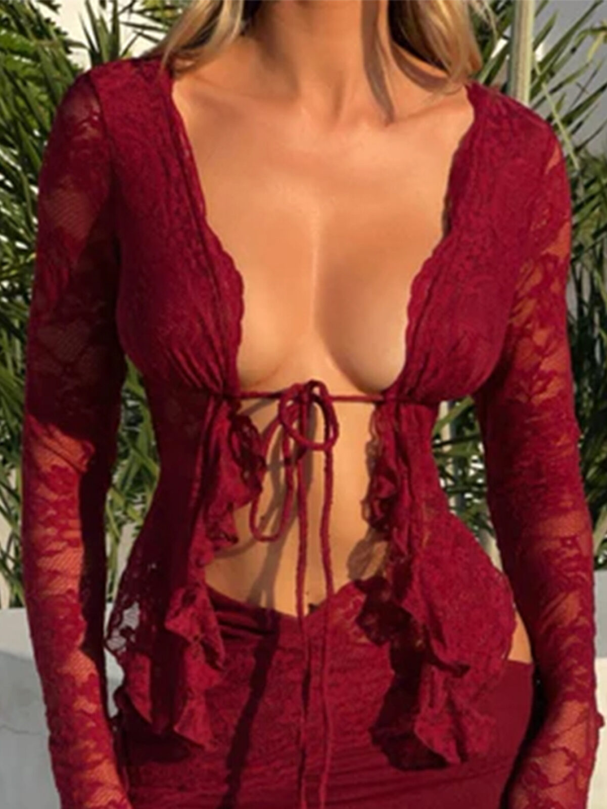 Sexy Cutout See-through Cardigan Self-Tie Lace Long Sleeve Top