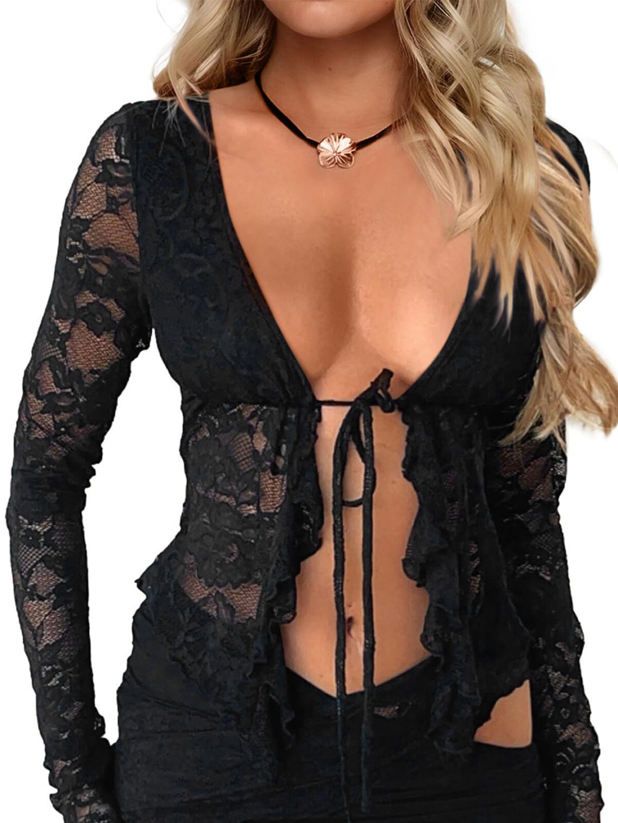 Sexy Cutout See-through Cardigan Self-Tie Lace Long Sleeve Top