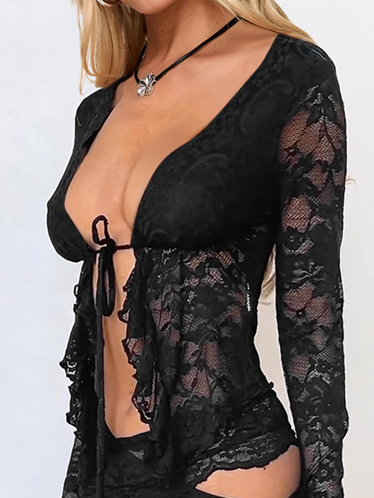 Sexy Cutout See-through Cardigan Self-Tie Lace Long Sleeve Top
