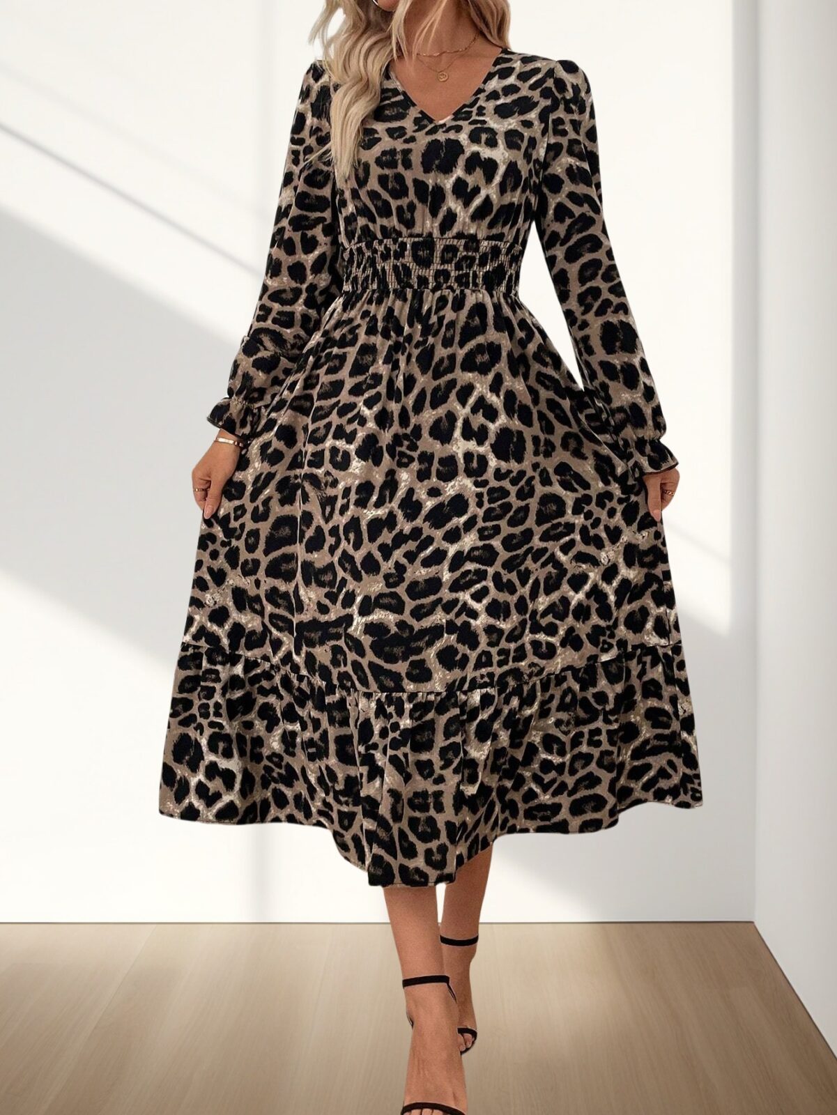 Hot New V-neck Printed Long Sleeve Dress with Waist Belt Elegant