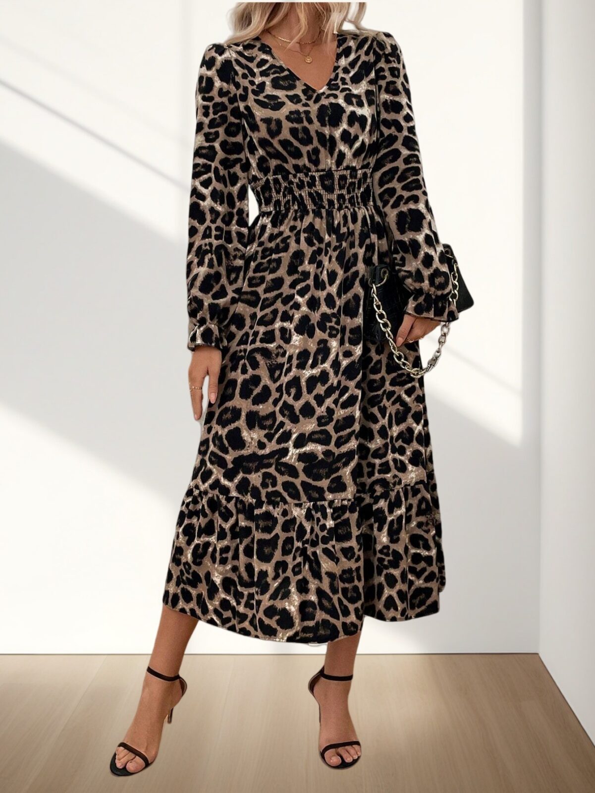 Hot New V-neck Printed Long Sleeve Dress with Waist Belt Elegant