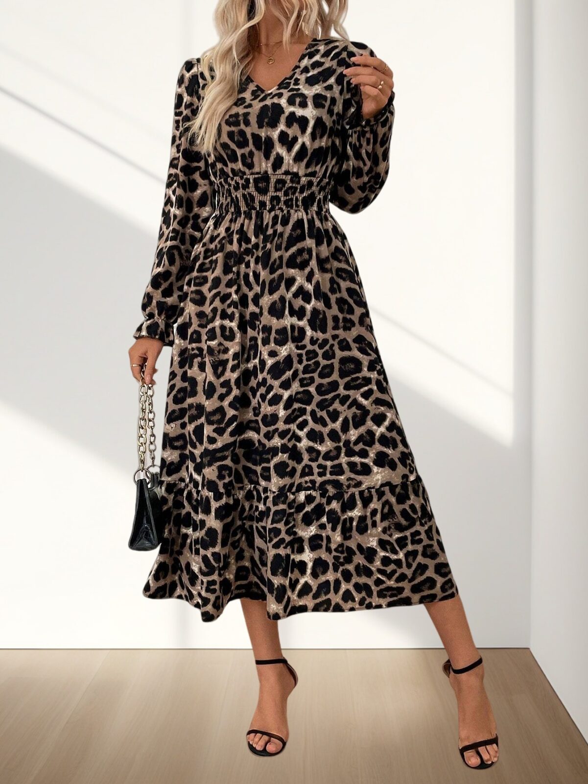 Hot New V-neck Printed Long Sleeve Dress with Waist Belt Elegant