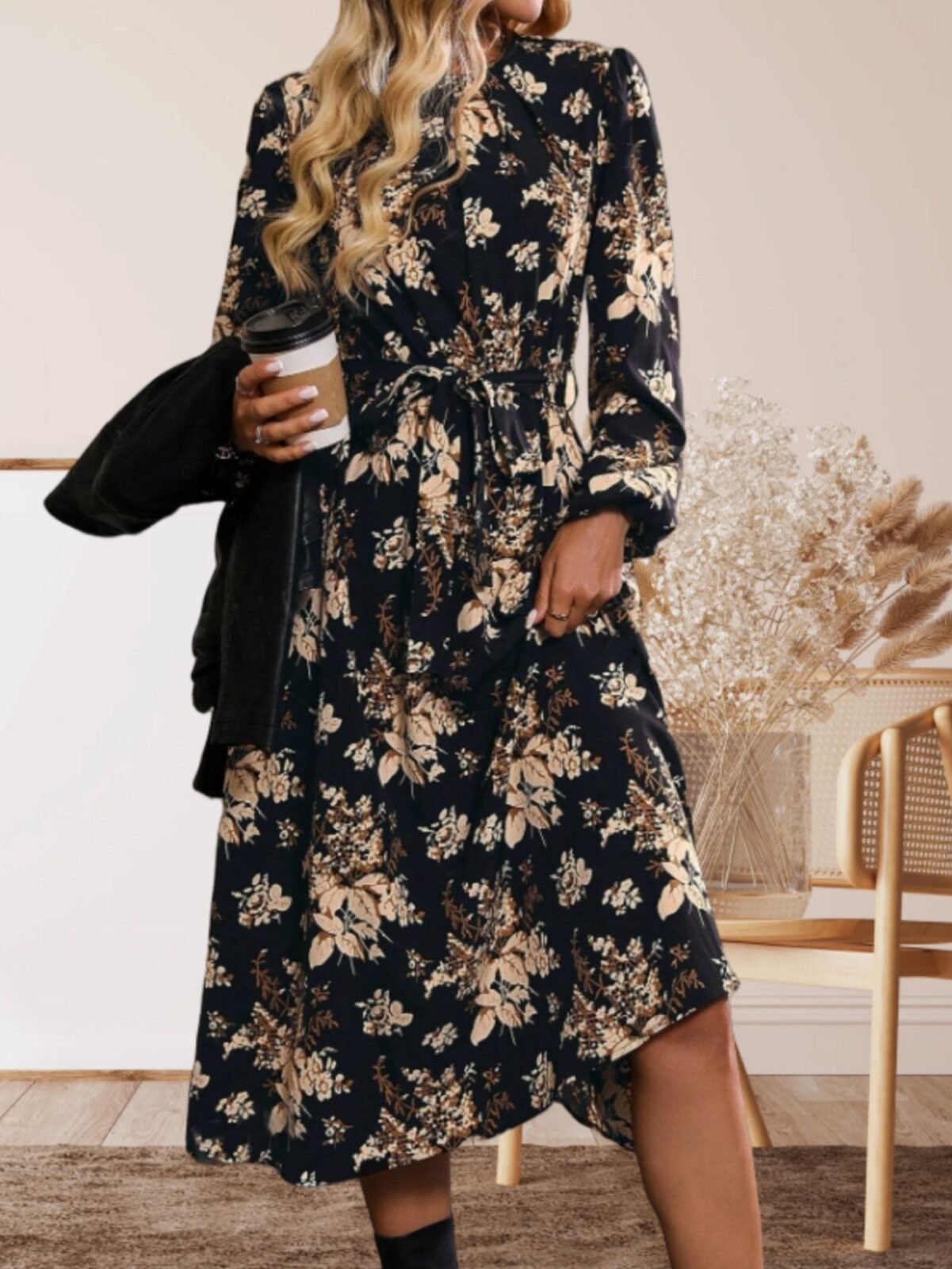 Hot Sale Winter Flower Print Long Sleeve Dress