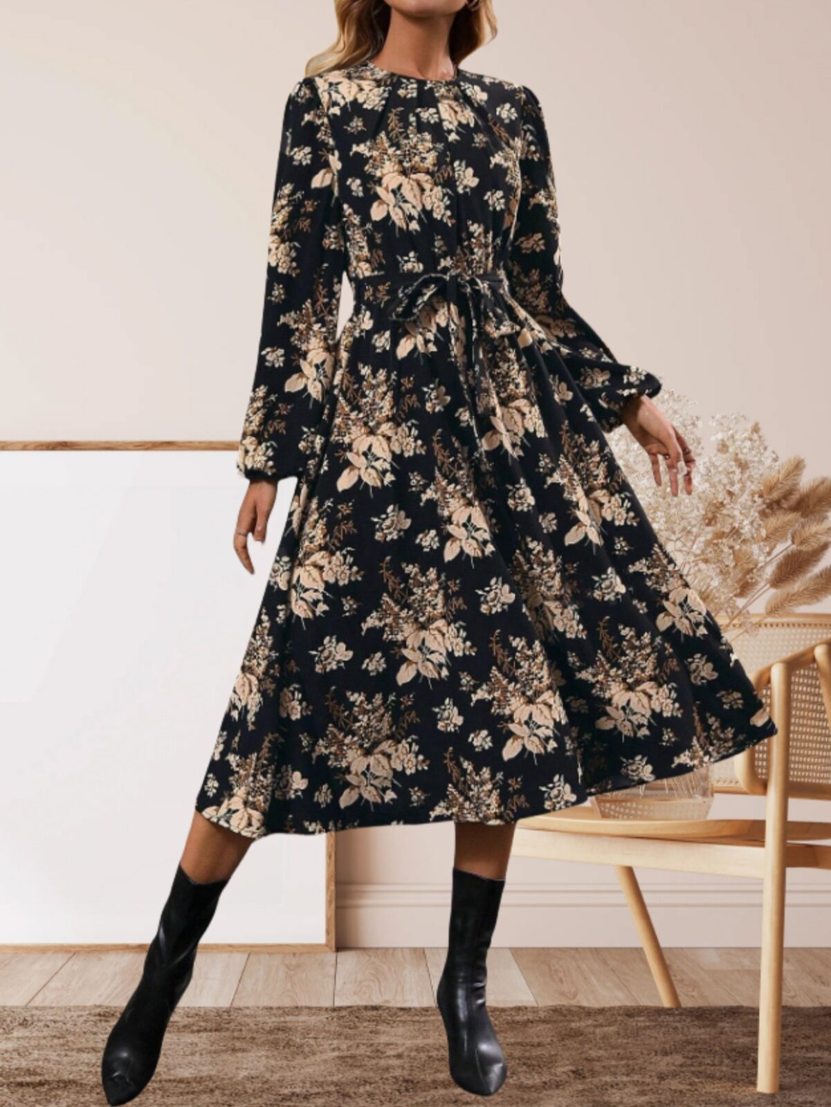 Hot Sale Winter Flower Print Long Sleeve Dress