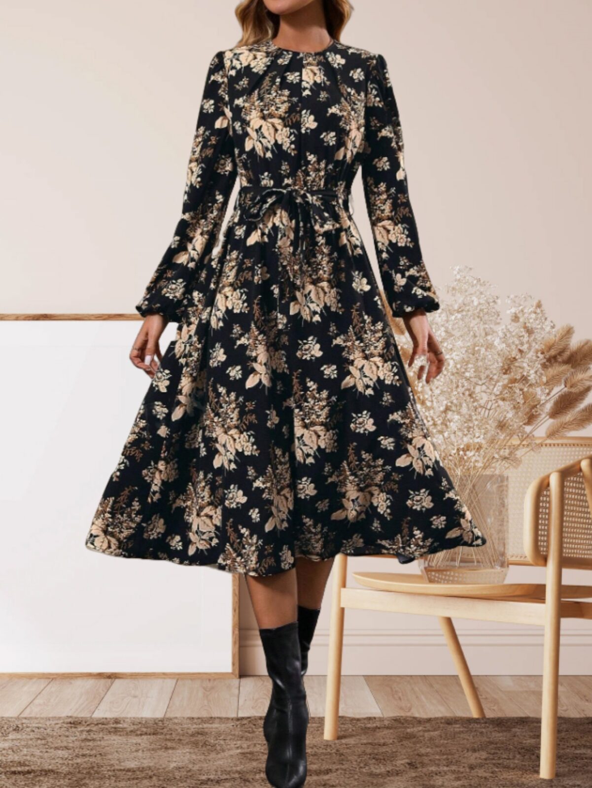 Hot Sale Winter Flower Print Long Sleeve Dress