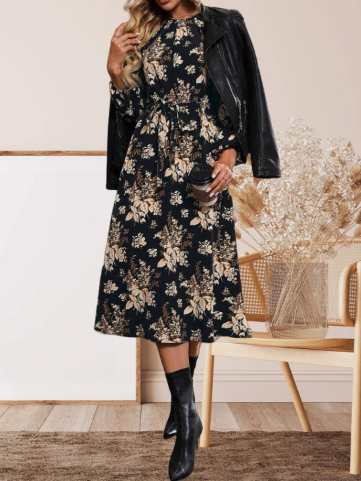 Hot Sale Winter Flower Print Long Sleeve Dress