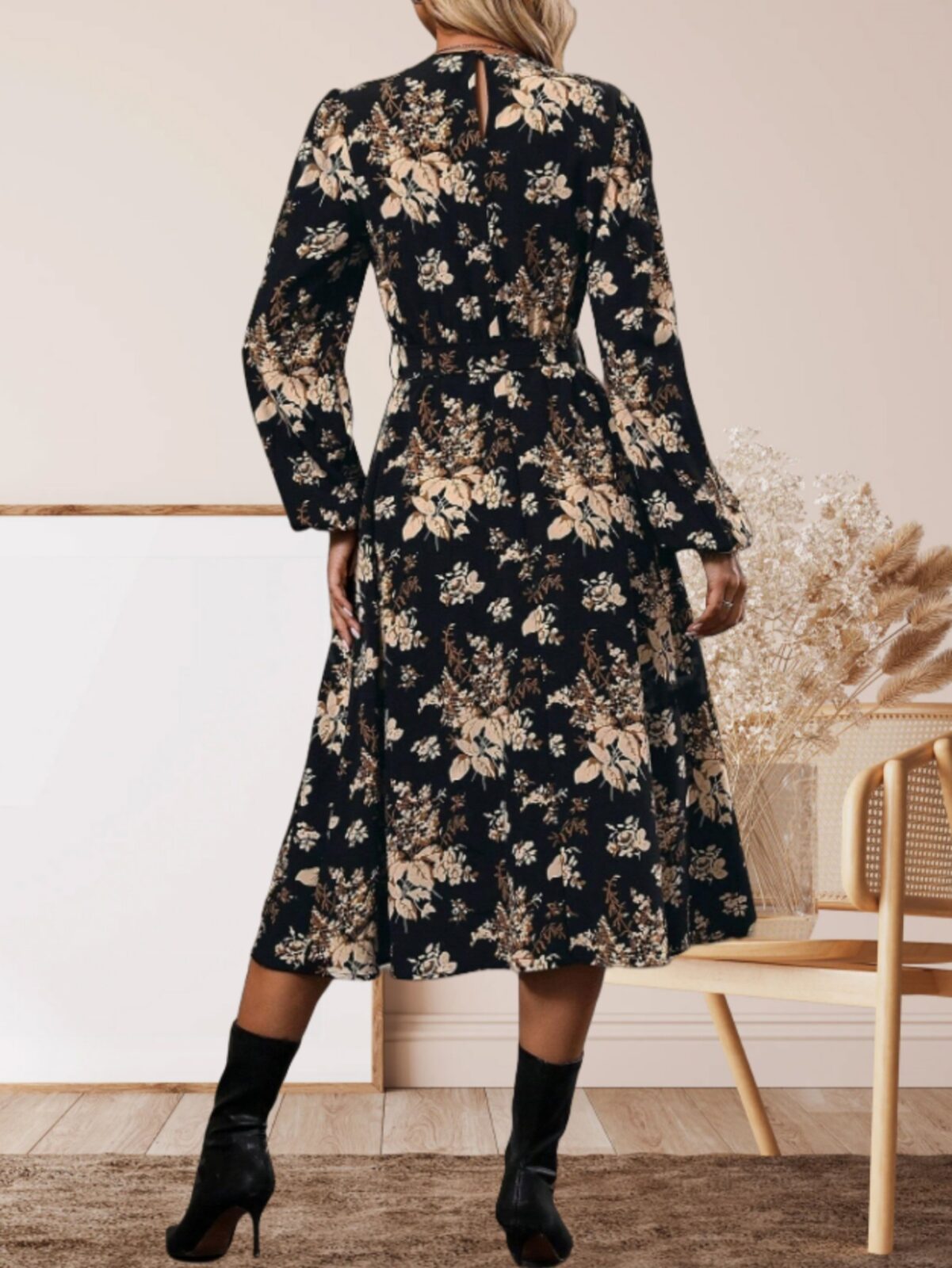 Hot Sale Winter Flower Print Long Sleeve Dress
