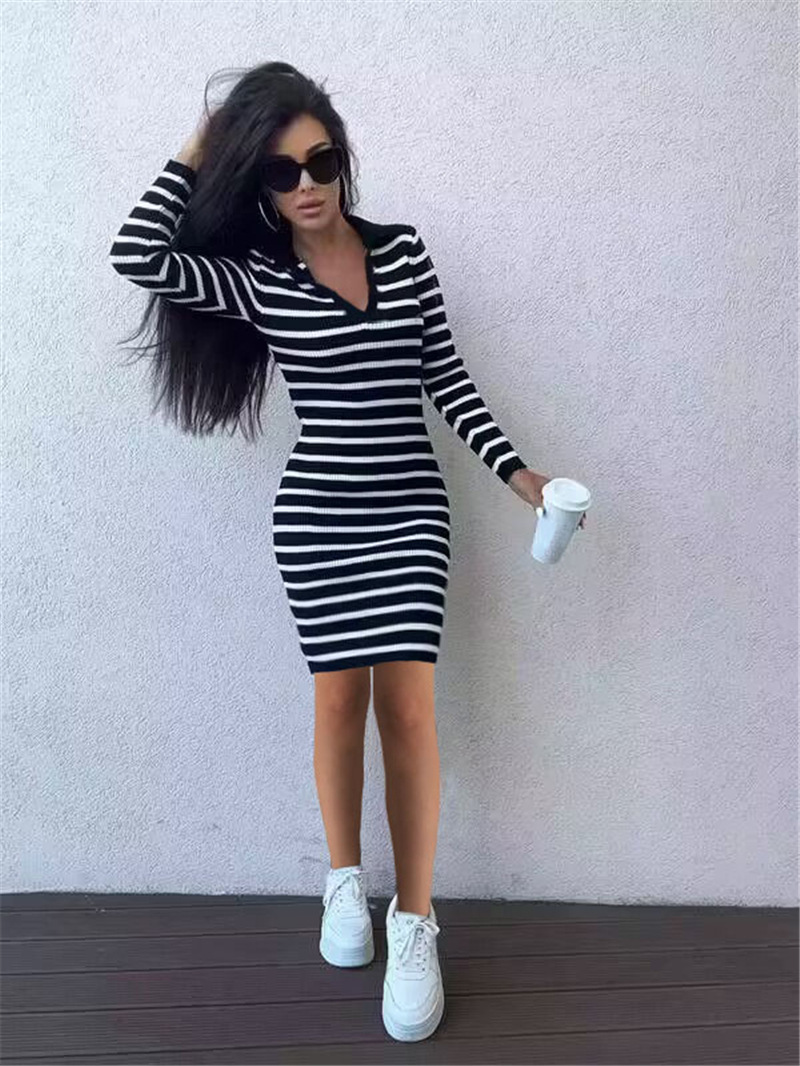 2024 Dress Turn-down Collar V-neck Striped Slim Dress