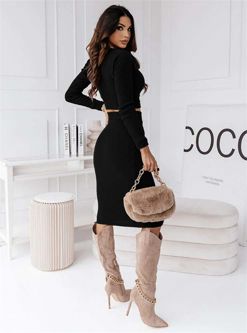 Winter Women's Stock Long Sleeve Short Top Slim Fit Two-Piece Knitted Dress