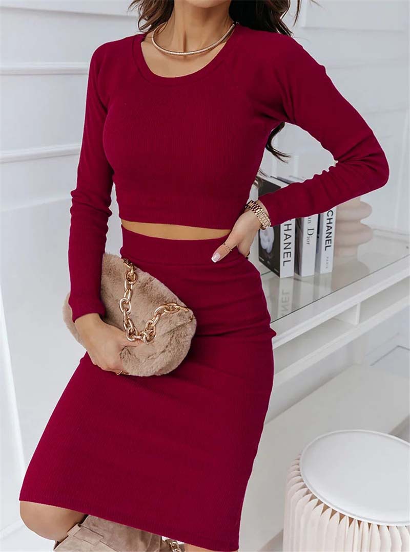 Winter Women's Stock Long Sleeve Short Top Slim Fit Two-Piece Knitted Dress