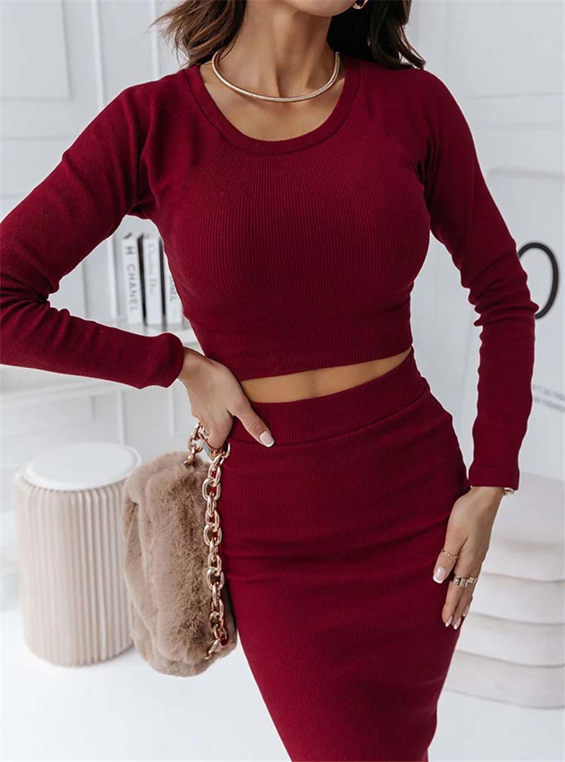 Winter Women's Stock Long Sleeve Short Top Slim Fit Two-Piece Knitted Dress