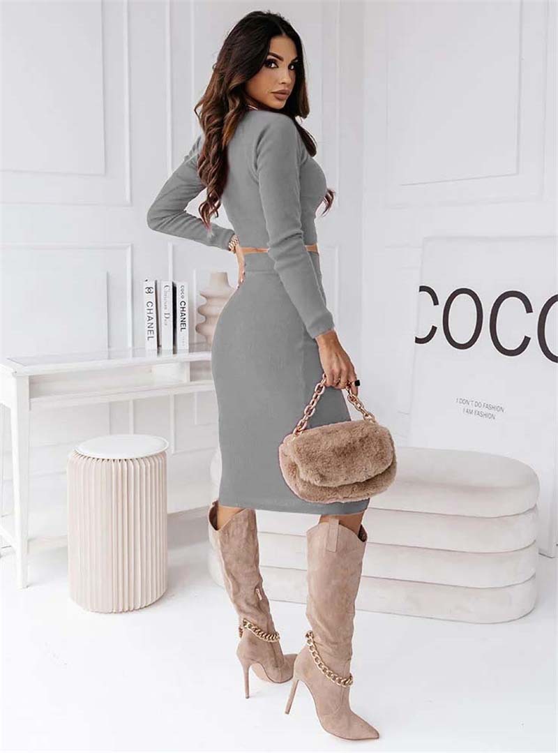 Winter Women's Stock Long Sleeve Short Top Slim Fit Two-Piece Knitted Dress