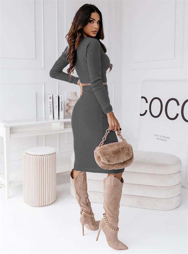 Winter Women's Stock Long Sleeve Short Top Slim Fit Two-Piece Knitted Dress