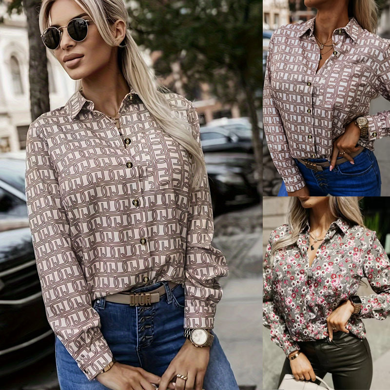 2024 Printing Lapel Shirt Commuter Top