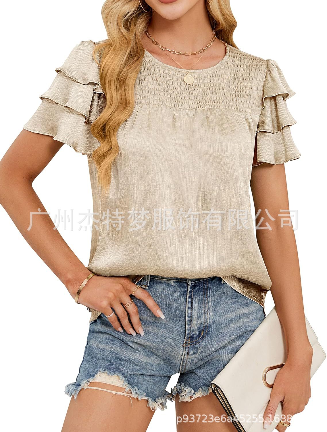 2025 European and American Cross-Border Women's Fashion Spring/Summer New Satin Gathered Three-Layer Short Sleeve Round Neck Shirt Top