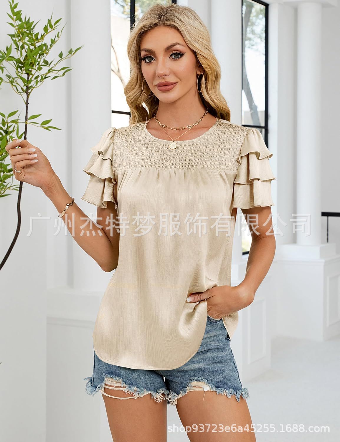 2025 European and American Cross-Border Women's Fashion Spring/Summer New Satin Gathered Three-Layer Short Sleeve Round Neck Shirt Top