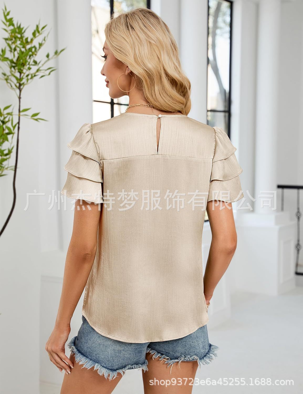 2025 European and American Cross-Border Women's Fashion Spring/Summer New Satin Gathered Three-Layer Short Sleeve Round Neck Shirt Top