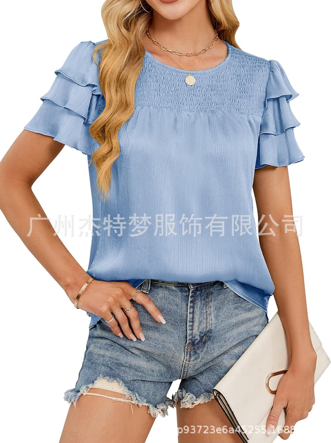 2025 European and American Cross-Border Women's Fashion Spring/Summer New Satin Gathered Three-Layer Short Sleeve Round Neck Shirt Top