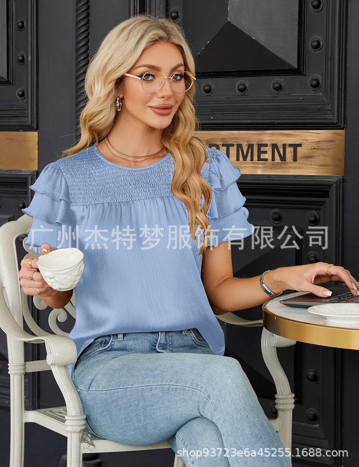 2025 European and American Cross-Border Women's Fashion Spring/Summer New Satin Gathered Three-Layer Short Sleeve Round Neck Shirt Top