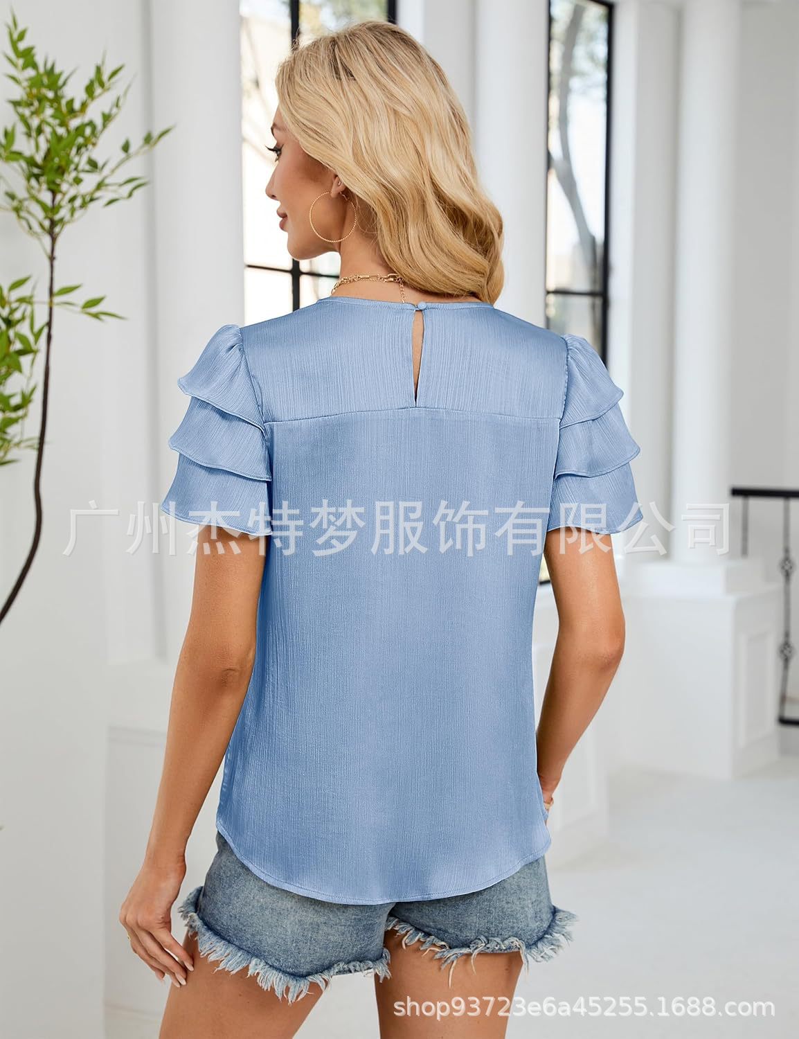 2025 European and American Cross-Border Women's Fashion Spring/Summer New Satin Gathered Three-Layer Short Sleeve Round Neck Shirt Top