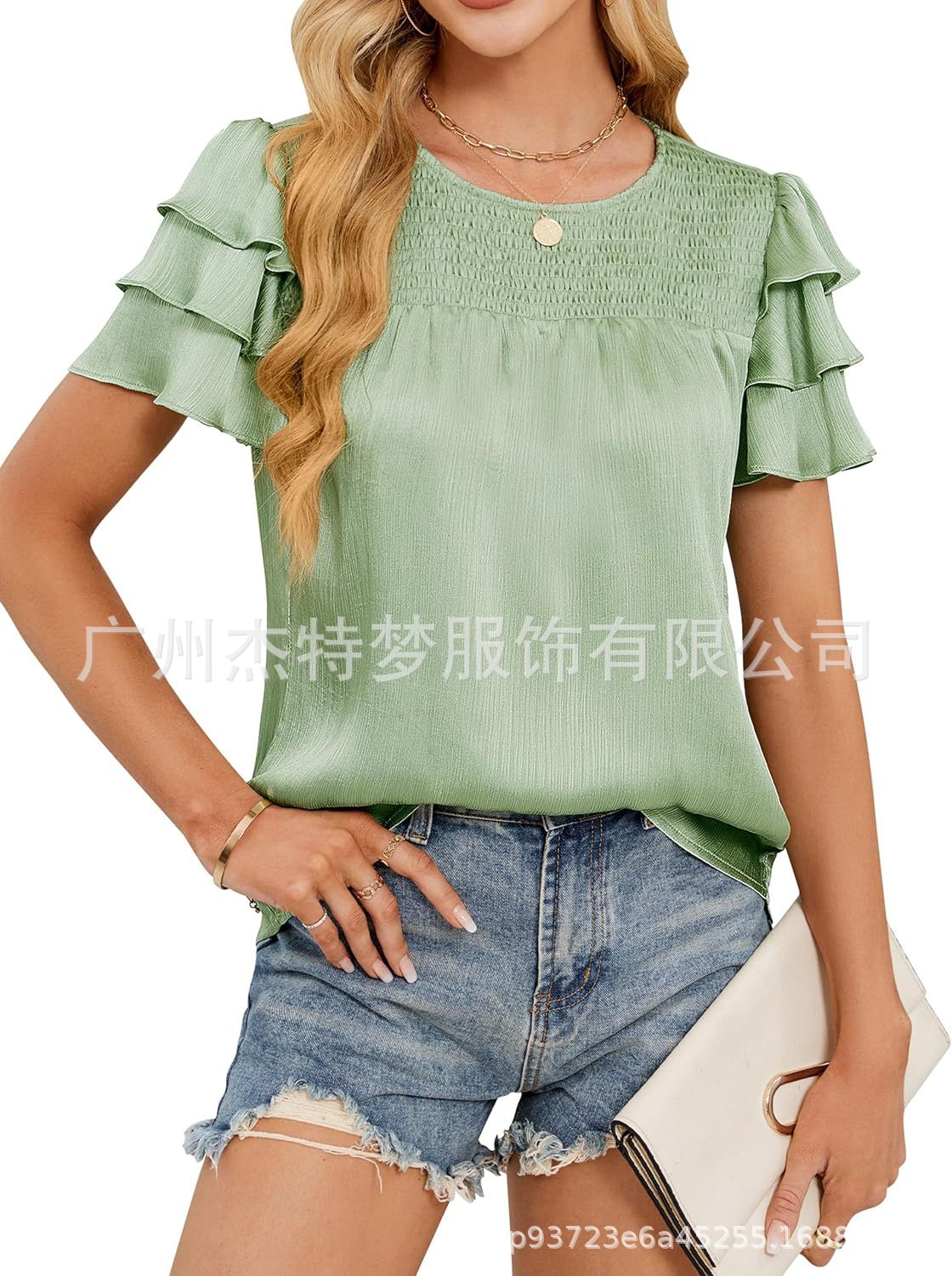 2025 European and American Cross-Border Women's Fashion Spring/Summer New Satin Gathered Three-Layer Short Sleeve Round Neck Shirt Top