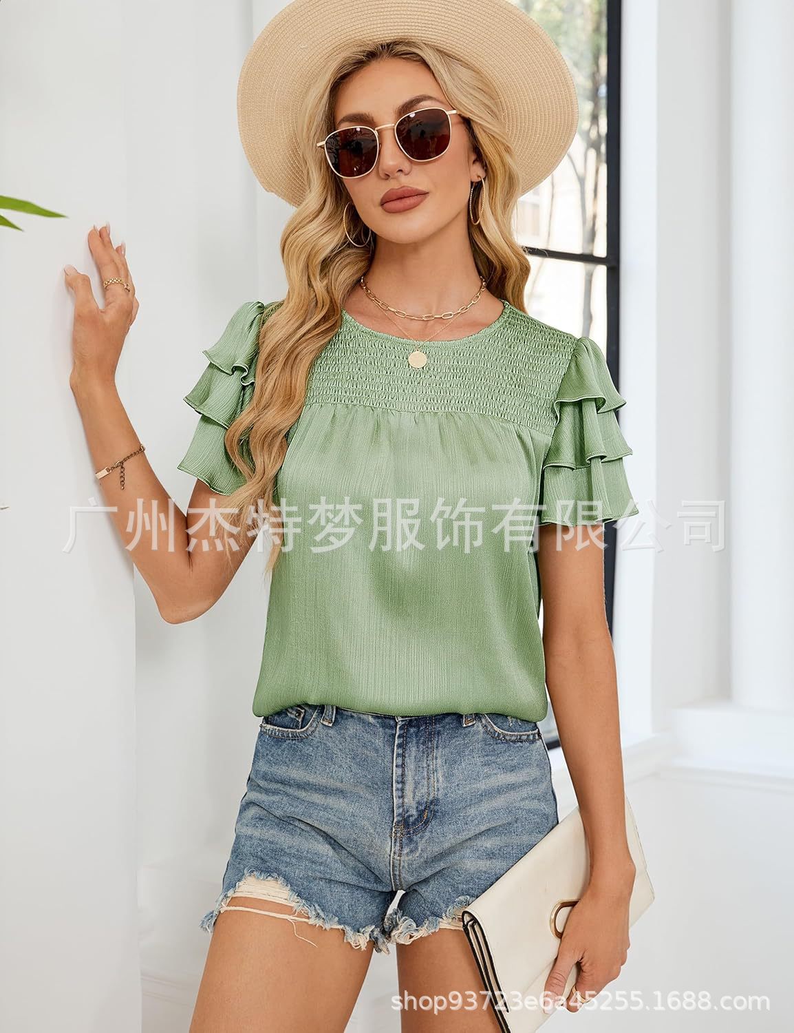 2025 European and American Cross-Border Women's Fashion Spring/Summer New Satin Gathered Three-Layer Short Sleeve Round Neck Shirt Top