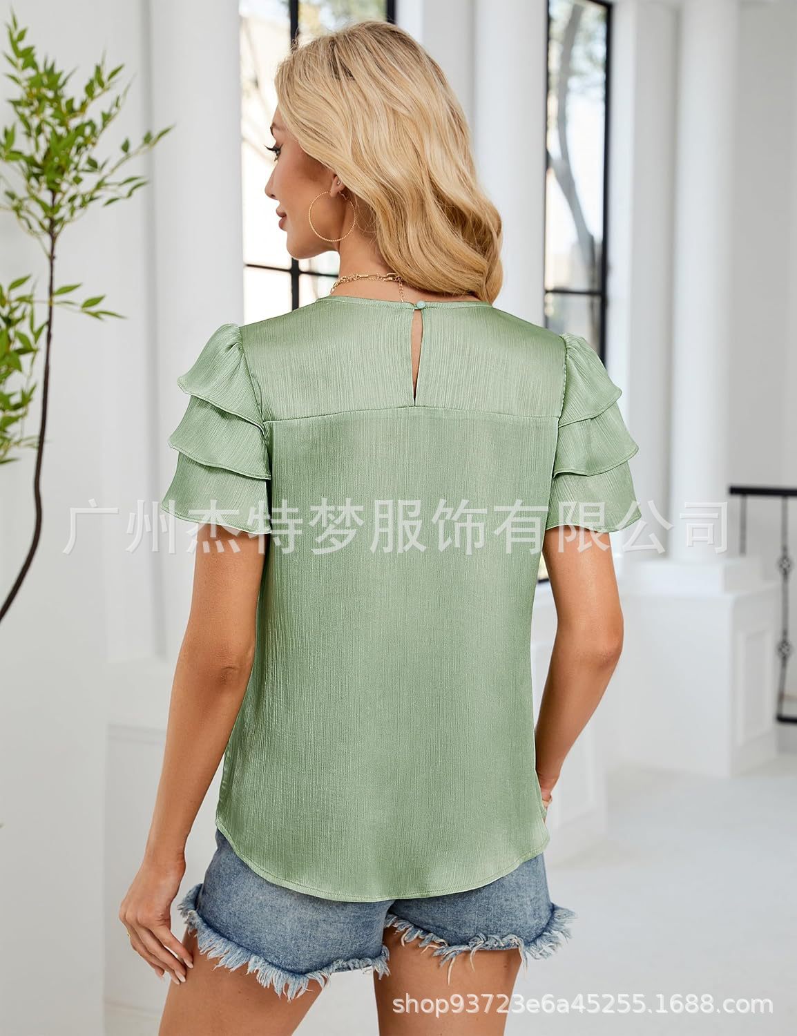 2025 European and American Cross-Border Women's Fashion Spring/Summer New Satin Gathered Three-Layer Short Sleeve Round Neck Shirt Top