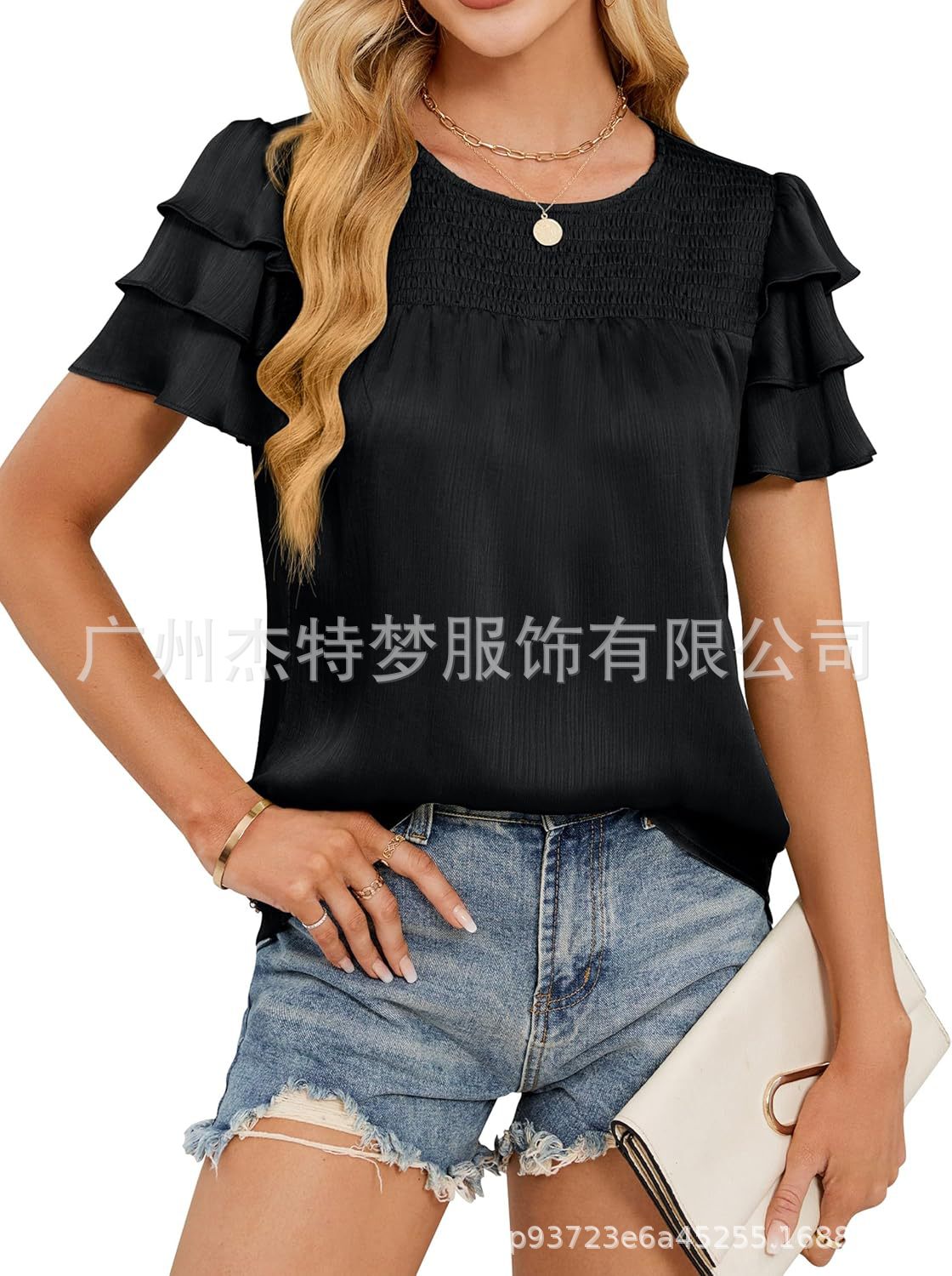 2025 European and American Cross-Border Women's Fashion Spring/Summer New Satin Gathered Three-Layer Short Sleeve Round Neck Shirt Top