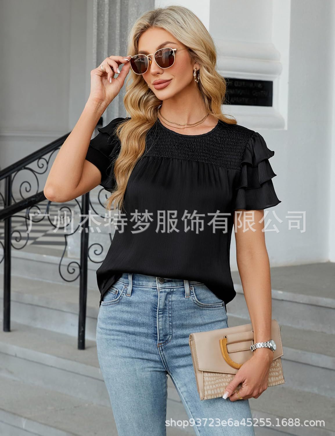 2025 European and American Cross-Border Women's Fashion Spring/Summer New Satin Gathered Three-Layer Short Sleeve Round Neck Shirt Top