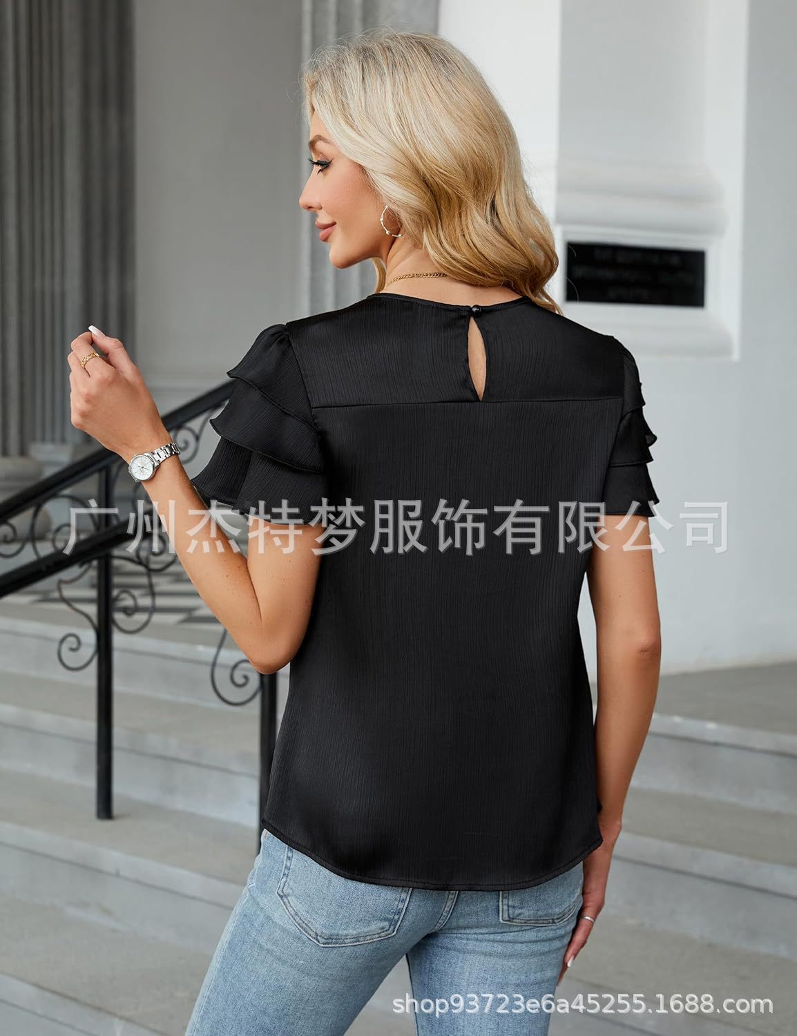 2025 European and American Cross-Border Women's Fashion Spring/Summer New Satin Gathered Three-Layer Short Sleeve Round Neck Shirt Top